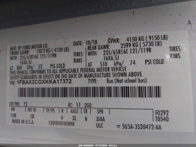 1FBAX2CGXKKA17372 Ford Transit-350 Xl