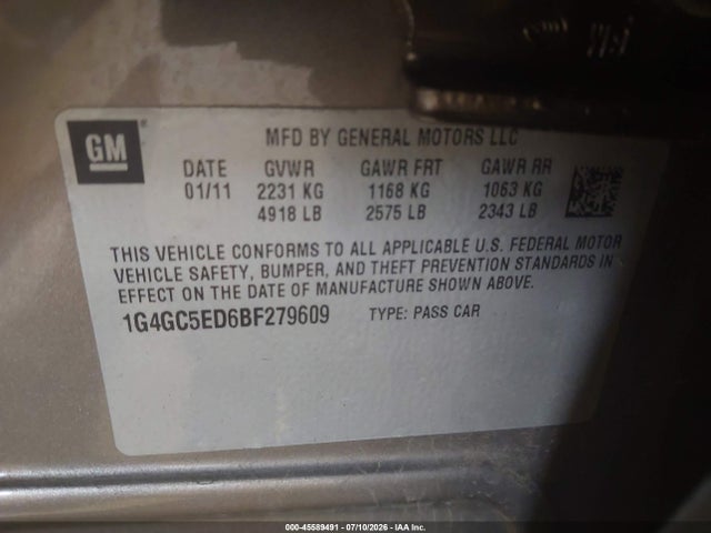 2011 Buick Lacrosse Cxl მანქანა იყიდება აუქციონზე, vin: 1G4GC5ED6BF279609, აუქციონის ნომერი: 45589491