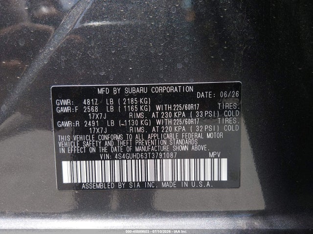 2026 Subaru Crosstrek Premium მანქანა იყიდება აუქციონზე, vin: 4S4GUHD63T3791087, აუქციონის ნომერი: 45589503