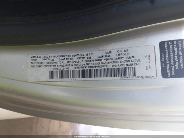 2006 Volkswagen New Beetle 2.5/2.5 (a6) მანქანა იყიდება აუქციონზე, vin: 3VWSW31C06M402928, აუქციონის ნომერი: 45589553
