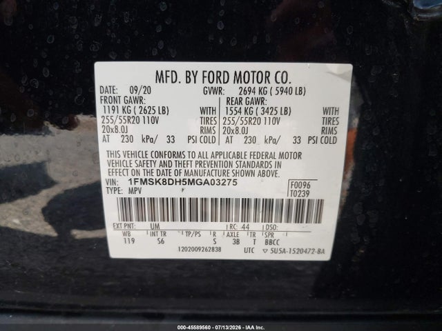 2021 Ford Explorer Xlt მანქანა იყიდება აუქციონზე, vin: 1FMSK8DH5MGA03275, აუქციონის ნომერი: 45589560