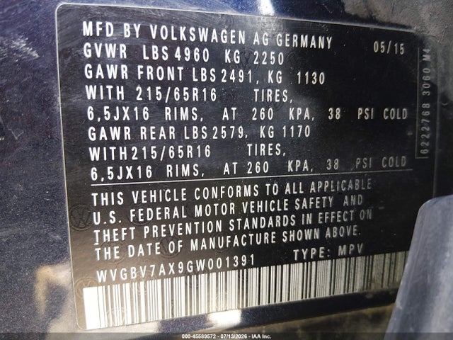 2016 Volkswagen Tiguan S მანქანა იყიდება აუქციონზე, vin: WVGBV7AX9GW001391, აუქციონის ნომერი: 45589572