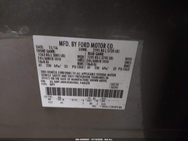 2017 Lincoln Mkx Select მანქანა იყიდება აუქციონზე, vin: 2LMPJ8KR9HBL14925, აუქციონის ნომერი: 45589587