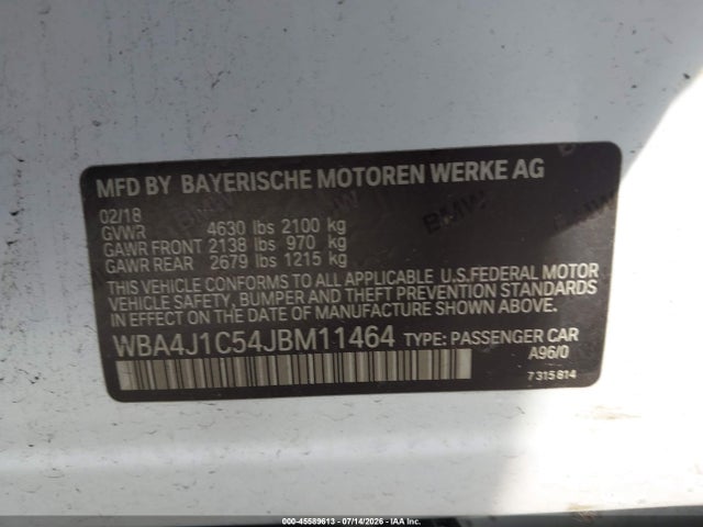 Продажа на аукционе авто 2018 Bmw 430i Gran Coupe, vin: WBA4J1C54JBM11464, номер лота: 45589613