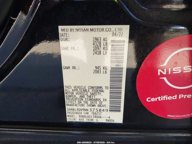 Aukcja sprzedaży 2022 Nissan Altima Sv Fwd, vin: 1N4BL4DV9NN375849, numer aukcji: 45589625