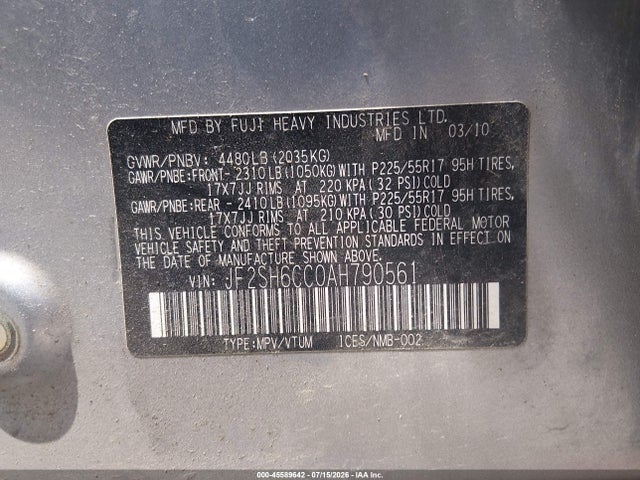 45589642 :رقم المزاد ، JF2SH6CC0AH790561 vin ، 2010 Subaru Forester 2.5x Premium مزاد بيع