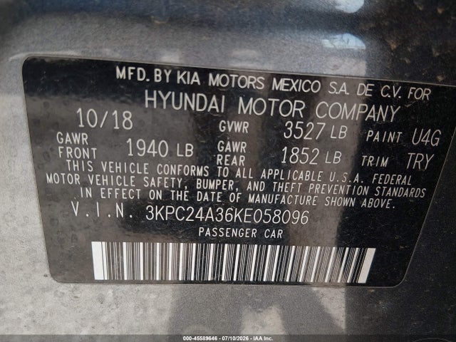 Продажа на аукционе авто 2019 Hyundai Accent Se, vin: 3KPC24A36KE058096, номер лота: 45589646