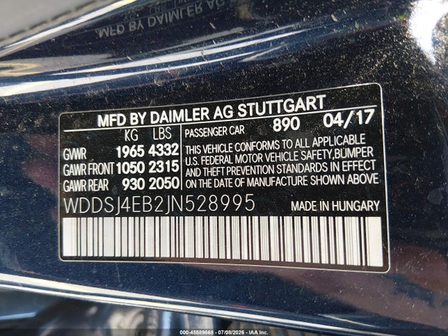 45589668 :رقم المزاد ، WDDSJ4EB2JN528995 vin ، 2018 Mercedes-benz Cla 250 مزاد بيع