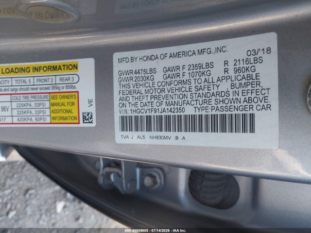 45589685 :رقم المزاد ، 1HGCV1F91JA142350 vin ، 2018 Honda Accord Touring مزاد بيع