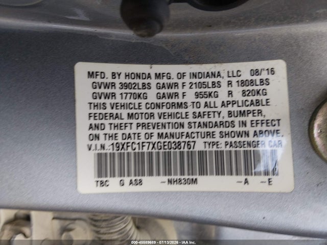2016 Honda Civic Ex-l მანქანა იყიდება აუქციონზე, vin: 19XFC1F7XGE038767, აუქციონის ნომერი: 45589689