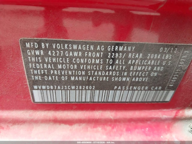 45589690 :رقم المزاد ، WVWDB7AJ3CW282602 vin ، 2012 Volkswagen Golf 2.5l 4-door مزاد بيع