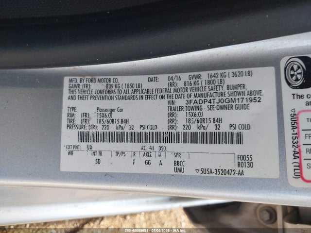 45589691 :رقم المزاد ، 3FADP4TJ0GM171952 vin ، 2016 Ford Fiesta S مزاد بيع
