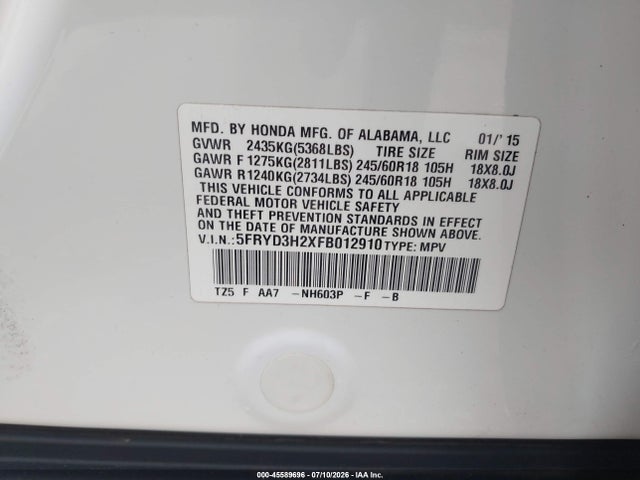 Aukcja sprzedaży 2015 Acura Mdx, vin: 5FRYD3H2XFB012910, numer aukcji: 45589696