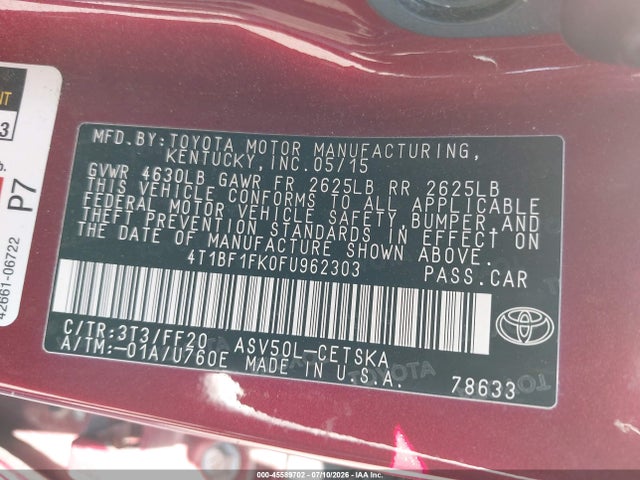 Продажа на аукционе авто 2015 Toyota Camry Se, vin: 4T1BF1FK0FU962303, номер лота: 45589702