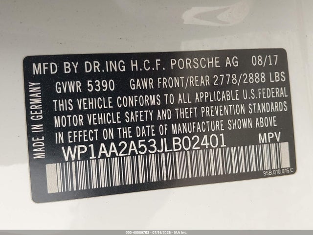 45589703 :رقم المزاد ، WP1AA2A53JLB02401 vin ، 2018 Porsche Macan مزاد بيع