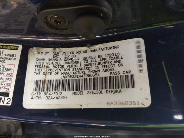 45589704 :رقم المزاد ، 1NXBR32E44Z280654 vin ، 2004 Toyota Corolla S مزاد بيع