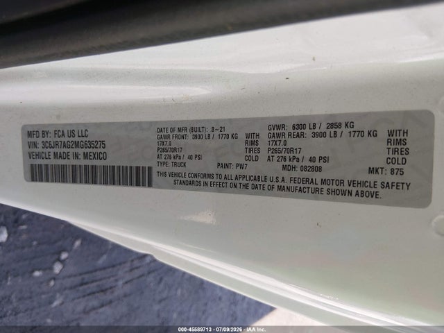 2021 Ram 1500 Classic მანქანა იყიდება აუქციონზე, vin: 3C6JR7AG2MG635275, აუქციონის ნომერი: 45589713