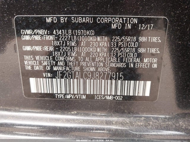 2018 Subaru Crosstrek 2.0i Limited მანქანა იყიდება აუქციონზე, vin: JF2GTALC9J8277915, აუქციონის ნომერი: 45589714