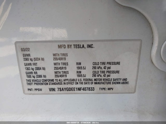 7SAYGDEE1NF407833 Tesla Model Y Long Range Dual Motor All-wheel Drive