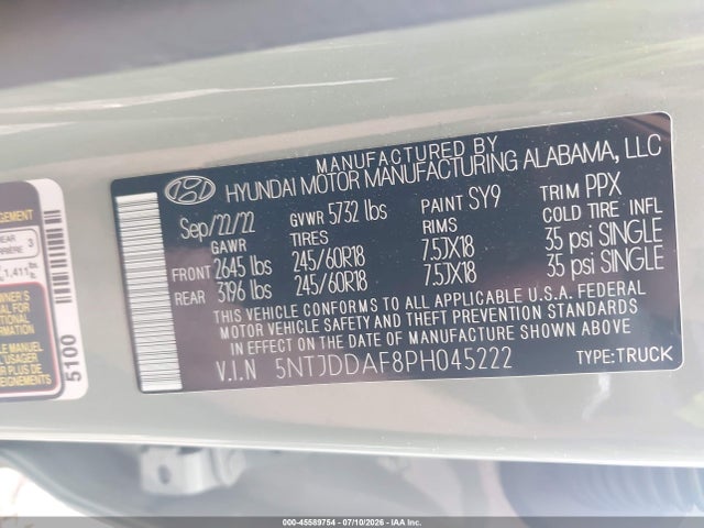 45589754 :رقم المزاد ، 5NTJDDAF8PH045222 vin ، 2023 Hyundai Santa Cruz Sel Premium مزاد بيع
