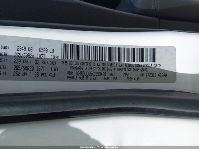 Продаж на аукціоні авто 2019 Dodge Durango Gt Plus Awd, vin: 1C4RDJDG5KC853438, номер лоту: 45589761