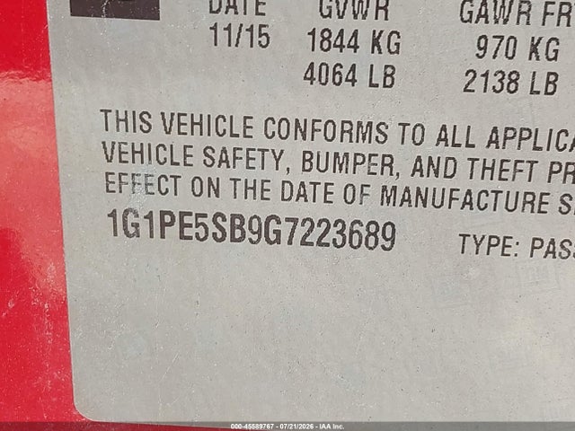 1G1PE5SB9G7223689 Chevrolet Cruze Limited 1lt Auto