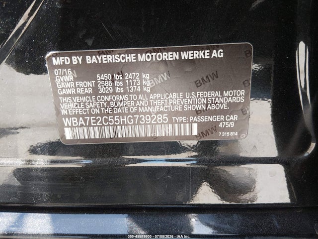 WBA7E2C55HG739285 BMW 740I