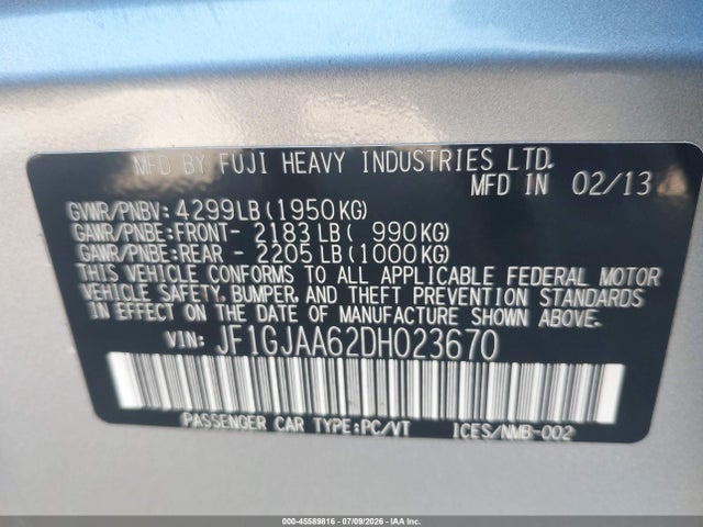 Продаж на аукціоні авто 2013 Subaru Impreza 2.0i, vin: JF1GJAA62DH023670, номер лоту: 45589816