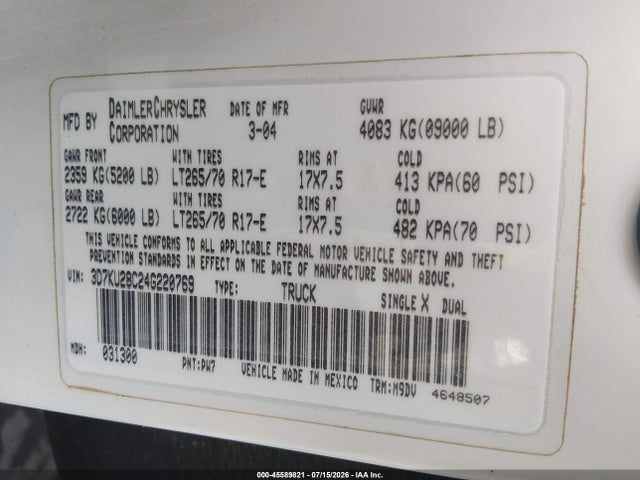 45589821 :رقم المزاد ، 3D7KU28C24G220769 vin ، 2004 Dodge Ram 2500 Slt/laramie مزاد بيع