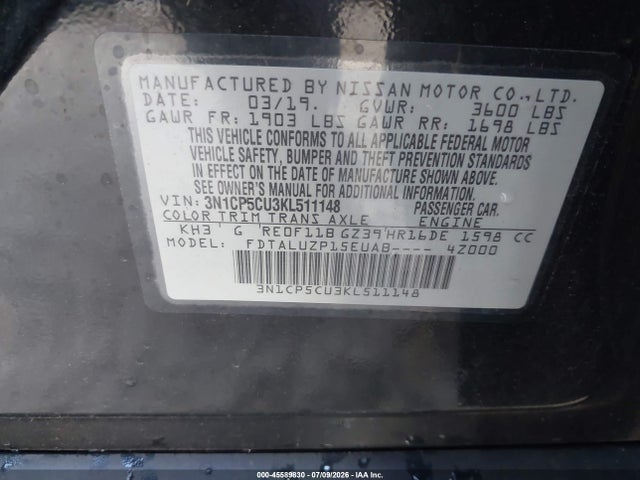 Продаж на аукціоні авто 2019 Nissan Kicks Sr, vin: 3N1CP5CU3KL511148, номер лоту: 45589830