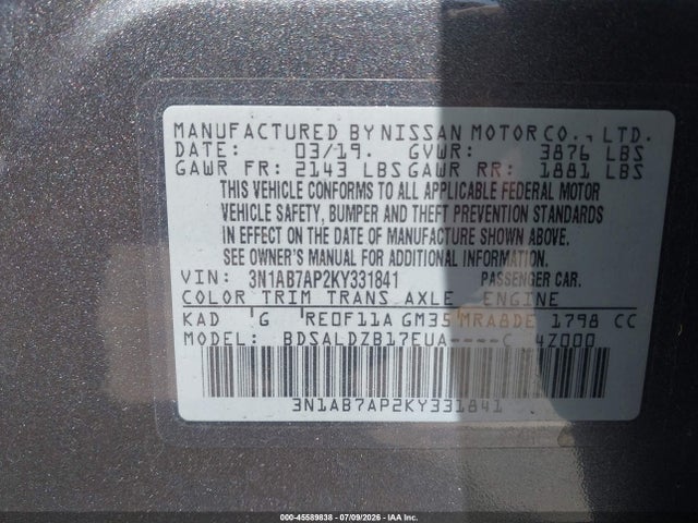 Aukcja sprzedaży 2019 Nissan Sentra Sv, vin: 3N1AB7AP2KY331841, numer aukcji: 45589838