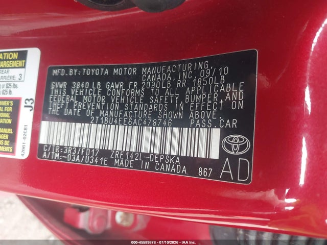 45589878 :رقم المزاد ، 2T1BU4EE6AC478746 vin ، 2010 Toyota Corolla S مزاد بيع