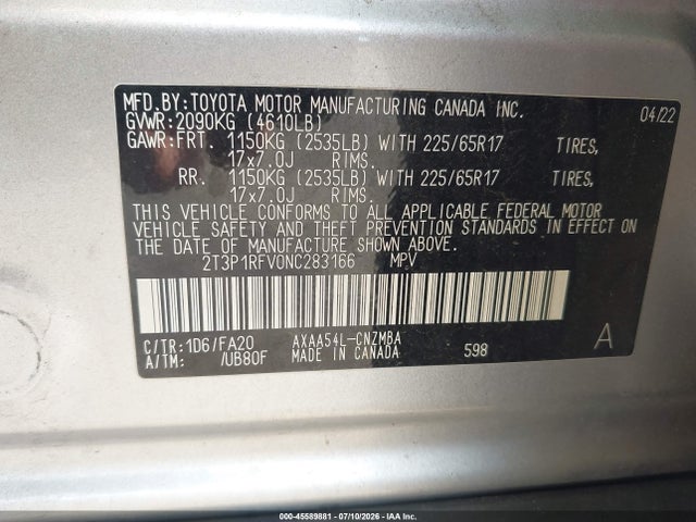 Продажа на аукционе авто 2022 Toyota Rav4 Xle, vin: 2T3P1RFV0NC283166, номер лота: 45589881