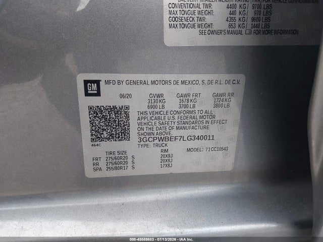 Продажа на аукционе авто 2020 Chevrolet Silverado 1500 2wd  Short Bed Custom, vin: 3GCPWBEF7LG340011, номер лота: 45589883
