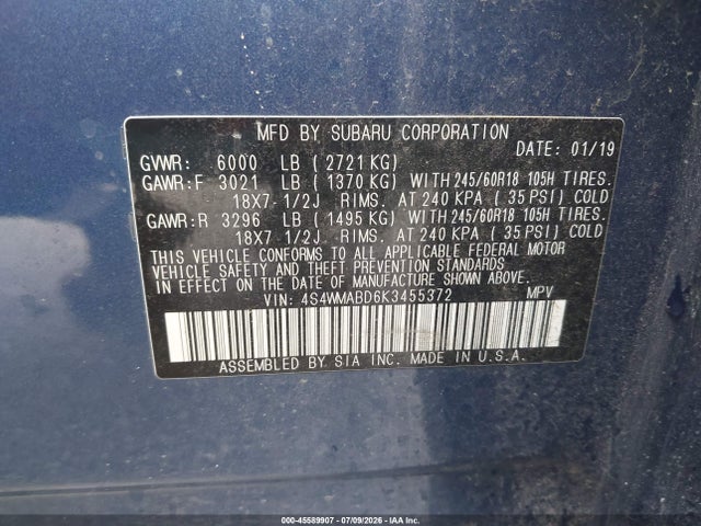 45589907 :رقم المزاد ، 4S4WMABD6K3455372 vin ، 2019 Subaru Ascent Premium مزاد بيع