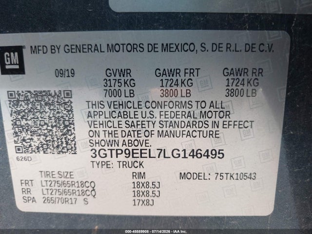 Продаж на аукціоні авто 2020 Gmc Sierra 1500 4wd  Short Box At4, vin: 3GTP9EEL7LG146495, номер лоту: 45589908