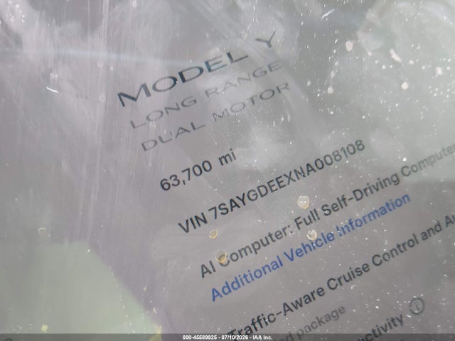 Auction sale of the 2022 Tesla Model Y Long Range Dual Motor All-wheel Drive, vin: 7SAYGDEEXNA008108, lot number: 45589925