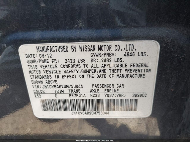 2013 Infiniti G37x მანქანა იყიდება აუქციონზე, vin: JN1CV6AR2DM753044, აუქციონის ნომერი: 45589928