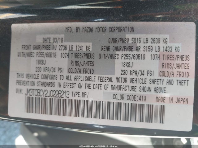 Auction sale of the 2018 Mazda Cx-9 Touring, vin: JM3TCBCY2J0226213, lot number: 45589934