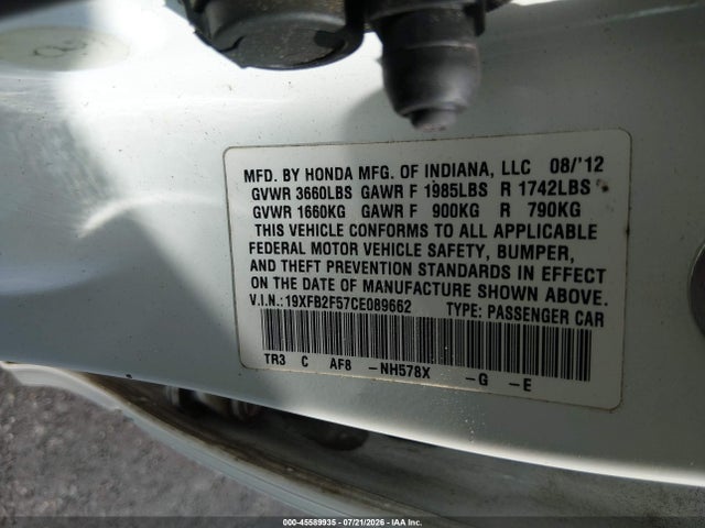 Aukcja sprzedaży 2012 Honda Civic Lx, vin: 19XFB2F57CE089662, numer aukcji: 45589935