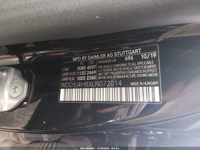 45589951 :رقم المزاد ، WDD5J4HBXLN072014 vin ، 2020 Mercedes-benz Cla 250 4matic مزاد بيع