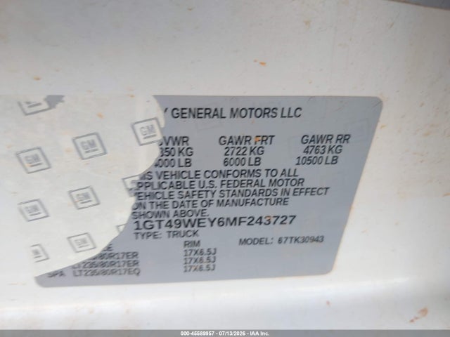 Продаж на аукціоні авто 2021 Gmc Sierra 3500hd 4wd  Long Bed Denali, vin: 1GT49WEY6MF243727, номер лоту: 45589957