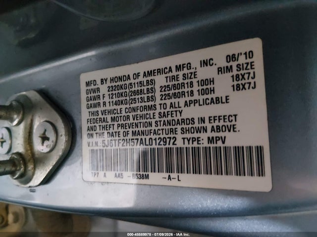 45589978 :رقم المزاد ، 5J6TF2H57AL012972 vin ، 2010 Honda Accord Crosstour Ex-l مزاد بيع