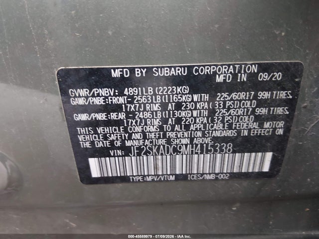 Aukcja sprzedaży 2021 Subaru Forester, vin: JF2SKADC9MH415338, numer aukcji: 45589979
