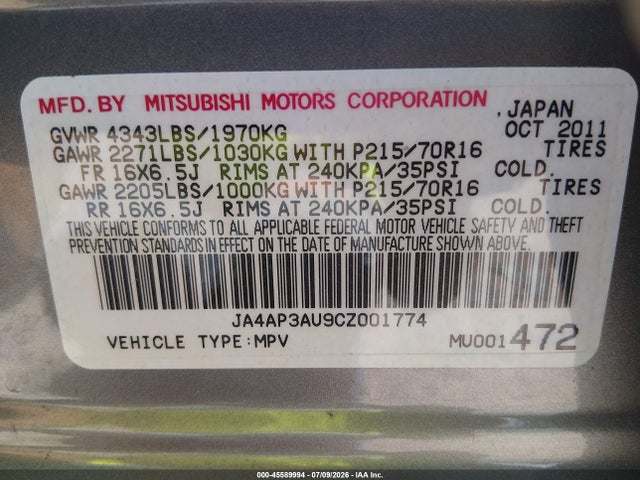 Aukcja sprzedaży 2012 Mitsubishi Outlander Sport Es, vin: JA4AP3AU9CZ001774, numer aukcji: 45589994