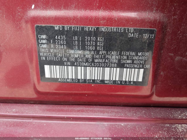 45590002 :رقم المزاد ، 4S3BMBC62D3027388 vin ، 2013 Subaru Legacy 2.5i Premium مزاد بيع