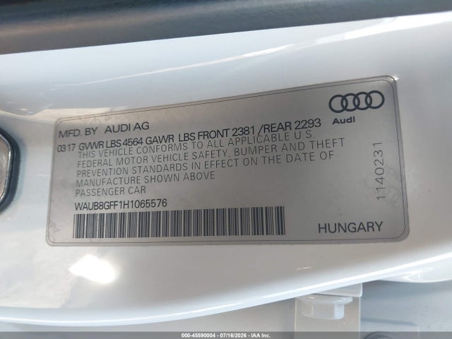 Aukcja sprzedaży 2017 Audi A3 Premium, vin: WAUB8GFF1H1065576, numer aukcji: 45590004