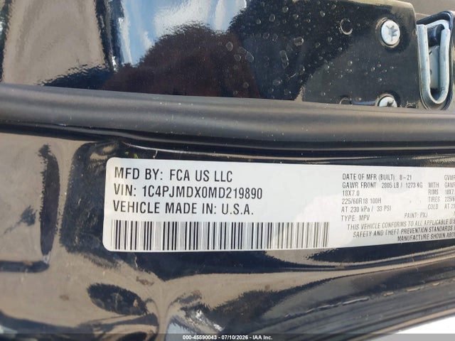 Продаж на аукціоні авто 2021 Jeep Cherokee Limited 4x4, vin: 1C4PJMDX0MD219890, номер лоту: 45590043