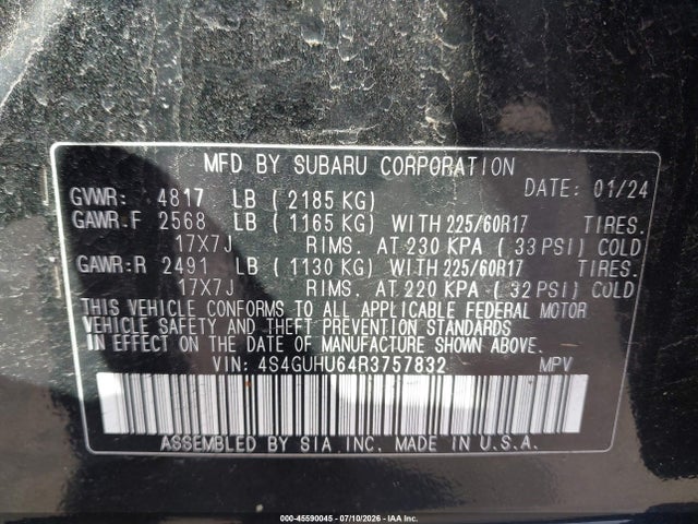 45590045 :رقم المزاد ، 4S4GUHU64R3757832 vin ، 2024 Subaru Crosstrek Wilderness مزاد بيع