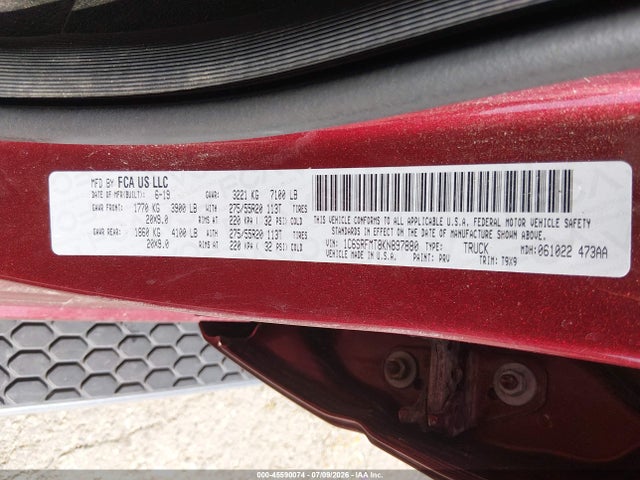 Продаж на аукціоні авто 2019 Ram 1500 Big Horn/lone Star  4x4 6'4 Box, vin: 1C6SRFMT8KN897880, номер лоту: 45590074
